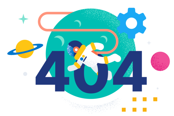 An outer space illustration. In the background is a large moon and two planets. In the foreground is an astronaut floating in space and the numbers '404'.
