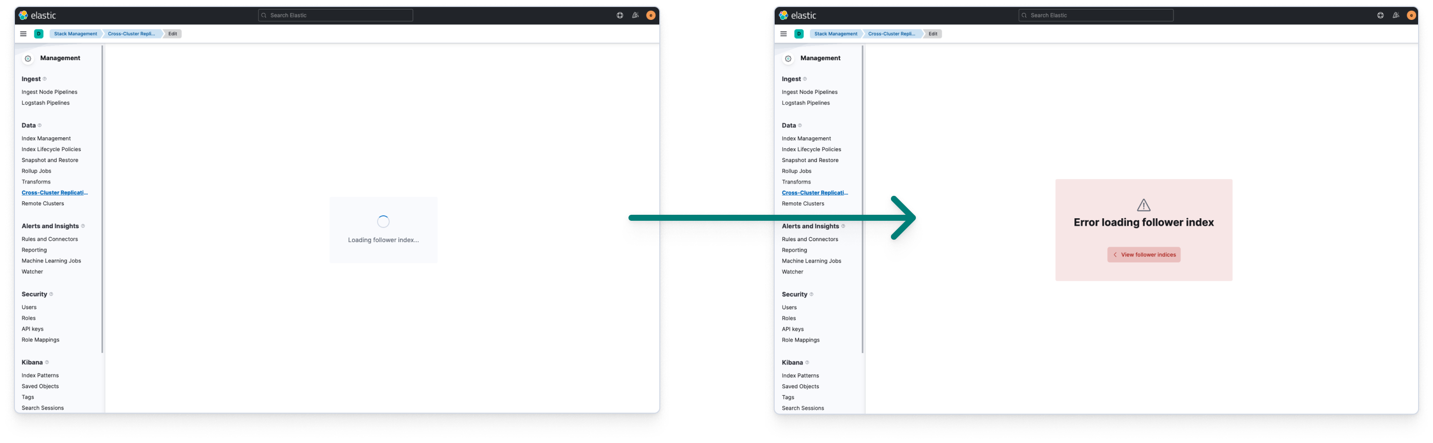 Good example of loading state ending in an error state using centered empty prompt for both