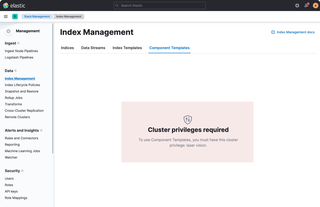 Good example of Index management with empty prompt showing privileges error